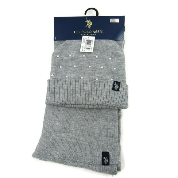 U.S. Polo Assn. Women's Simulated Pearls Knit Hat & Scarf Set Gray One Size New - Picture 2 of 6